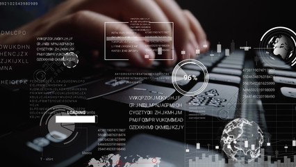 供以人员研究有显示大数据科学技术,数字网络连接和计算机编程算法的概念的图形用户界面GUI全息图的便携式计算机键盘